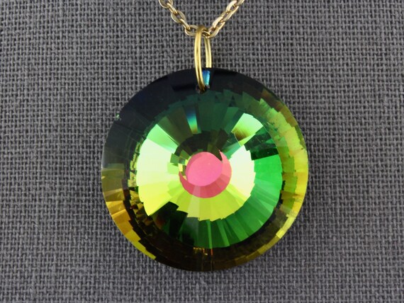Vintage Rainbow Watermelon Art Glass Crystal Faceted Round Pendant