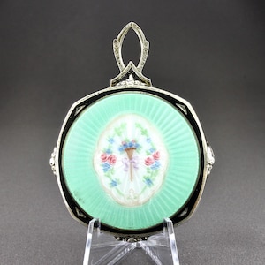 Vintage F&B Sterling Silver Green Enamel Vanity Case With Loose Fill Solid Rouge Compact