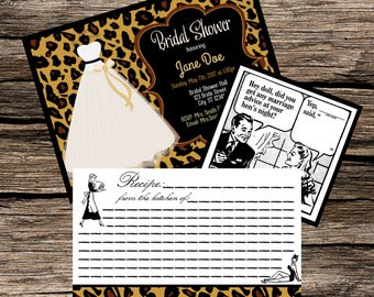 Leopard Bridal Shower Bundle Instant Download Printable Customizable Retro Vintage Pin Up Recipe Card Advice Card Invite Invitation Pack Kit