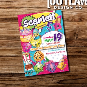 May include: A pink and blue birthday invitation for a girl turning five. The invitation features a cartoon character with a pink dress and a cupcake. The text on the invitation reads "Scarlett is turning 5" and "Sunday May 19 1:00-3:00pm Urban Air Adventure Park 223 Cookie Plaza Shopville, PA 12345".