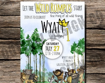 May include: A birthday invitation featuring a watercolor illustration of a forest with the words "Let the Wild Rumpus Start" and "The King of all Wild Things". The invitation is for Wyatt's 1st birthday party, which will be held on Saturday, May 27th from 12:30 to 2:00 PM at Wyatt's house. The address is 123 Main Street, Gallitzin, PA 16641.