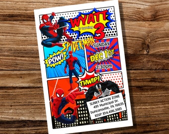 May include: A comic book-style invitation for a Spiderman-themed birthday party for Wyatt turning 3. The invitation features a red and blue Spiderman character, the text "Wyatt is turning 3", and the date and time of the party: "Sunday, Dec 1st, 2:30pm". The invitation also includes the location of the party: "Slinky Action Zone, 491 Municipal Dr., Duncansville, PA 16635".
