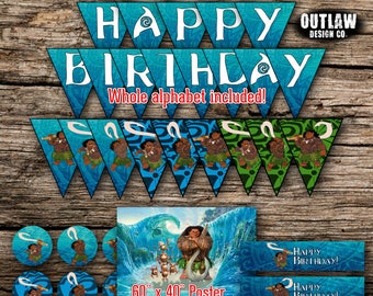 Maui Birthday Party Pack Bundle Disney Moana Vaiana Birthday Boy Decor Kit Instant Download Printable DIY Poster Banner Cupcake Toppers