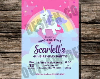 May include: A pink and blue birthday invitation with a unicorn on a rainbow. The invitation says "Join us for a Magical Time at Scarlett's 4th Birthday Party!"  The party is at Slinky Action Zone, 123 Party Drive, Duncansville, PA 16635 on May 12th from 12:30 to 2 PM. RSVP to Joelene 555.123.4567.