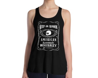 May include: Black tank top with a white graphic of a vintage whiskey label that says "Keep on Runnin' American Homemade Whiskey".