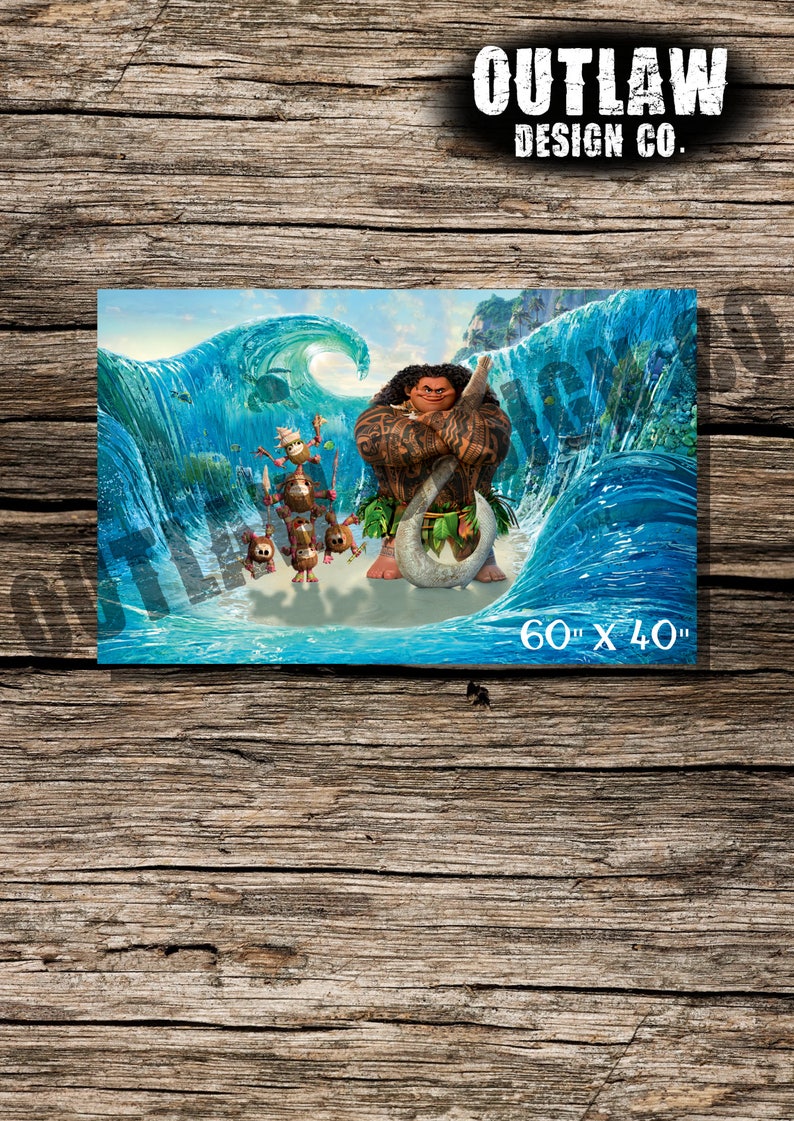 May include: A colorful illustration of Maui from the Disney movie Moana, standing on a beach with a large wave behind him. He is holding his signature fish hook and is surrounded by three small, brown creatures. The image is labeled "60" x "40" in the bottom right corner.