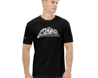 May include: Black t-shirt with a white graphic of a hot rod car and the text "Shinrunner".