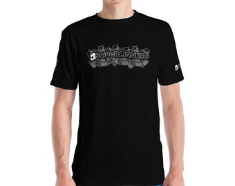 May include: Black t-shirt with a gray graphic of a skull and the text "shinerunner" surrounded by a pattern of circuit boards.