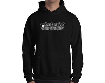 May include: Black hooded sweatshirt with a white graphic of a skull and the text "Shinrunner" surrounded by small gray shapes.