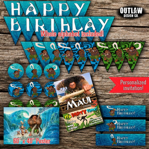 Maui Birthday Party Pack Bundle Disney Moana Vaiana Birthday Boy Decor Kit  Instant Download Printable Personalized DIY Poster Invite Banner