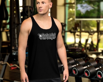 May include: A black tank top with a white graphic design featuring the text "SLITGRUNNER" and a skull graphic. The graphic is surrounded by a geometric pattern.