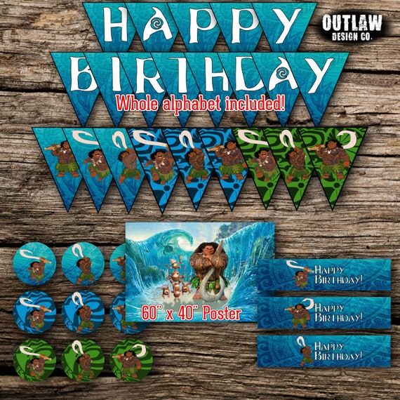 Maui Birthday Party Pack Bundle Disney Moana Vaiana Birthday Boy Decor Kit  Instant Download Printable DIY Poster Banner Cupcake Toppers