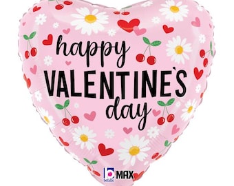Globo de corazón de 45 cm con diseño de cerezas y margaritas, ideal para el Día de San Valentín, con diseño de fresa y guepardo.