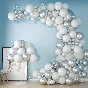 White and Silver Balloon Arch Kit Birthday Party Decorations | Wedding | Baby Shower | Bridal Shower Balloons Garland Set