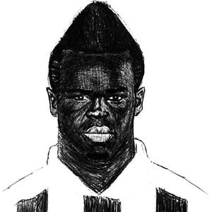 May include: A black and white sketch of a person with a distinctive hairstyle. The portrait features a detailed rendering of the person's face and a shirt with vertical striped details. The artwork is done in a pen and ink style.