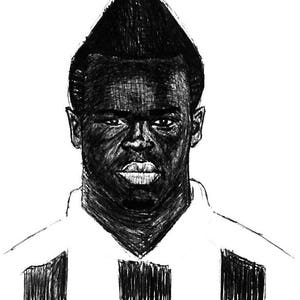 May include: A black and white pen and ink portrait of a person with a distinctive hairstyle. The portrait is a close-up of the person's face and upper chest, with a white shirt and black stripes. The style is reminiscent of a sketch.