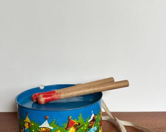 Tin Toy Childs Drum with Sticks Vintage Fifties