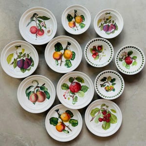 Op de afbeelding: Een verzameling witte keramische kommen met fruitillustraties. De kommen tonen afbeeldingen van perziken, pruimen, appels, kersen en vijgen. De fruitillustraties zijn in levendige kleuren met groene bladeren en stelen.