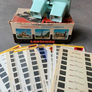 Lestrade Simplex Stéréoskop View-Master Bakeliet blauw vintage inc. Lourdes verspreide schijfjes