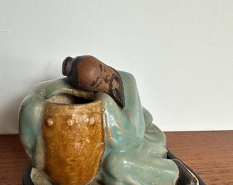 Vintage Mudman Water Bearer Mid-Century Chinese Clay Ceramic Figurine Statue Shiwan with Plate