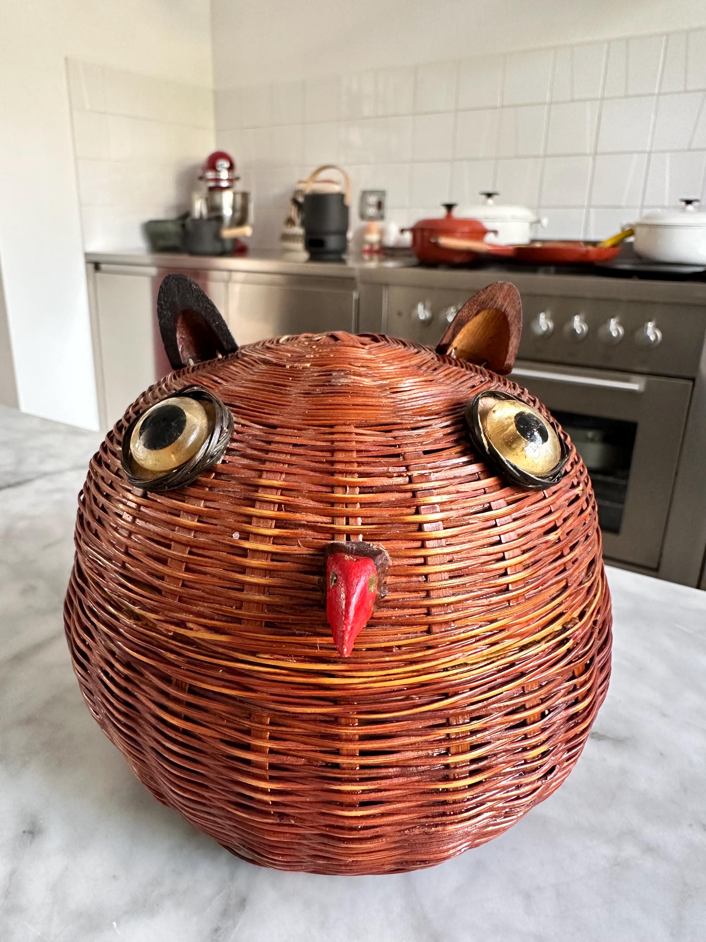 Corbeille de rangement en rotin tressé  hibou, chouette  1970