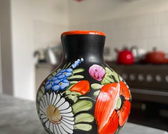 Hand Painted Chodska Ceramic Vase Vintage Floral Motif 60s Czech