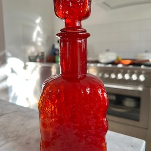 Empoli Italy Glass Red Decanter Carafe Bottle Midcentury Tree Bark Vintage
