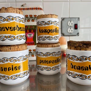 Set of 5 Vintage Ceramic Spice Jars with Cork Lid