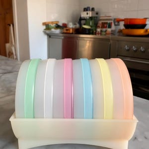 Op de afbeelding: Een set van zes doorschijnende, halfronde plastic borden in pastelkleuren waaronder mintgroen, wit, roze, lichtblauw, geel en perzik, verticaal gerangschikt in een bijpassende gebroken witte, rechthoekige plastic standaard met vier voetjes.
