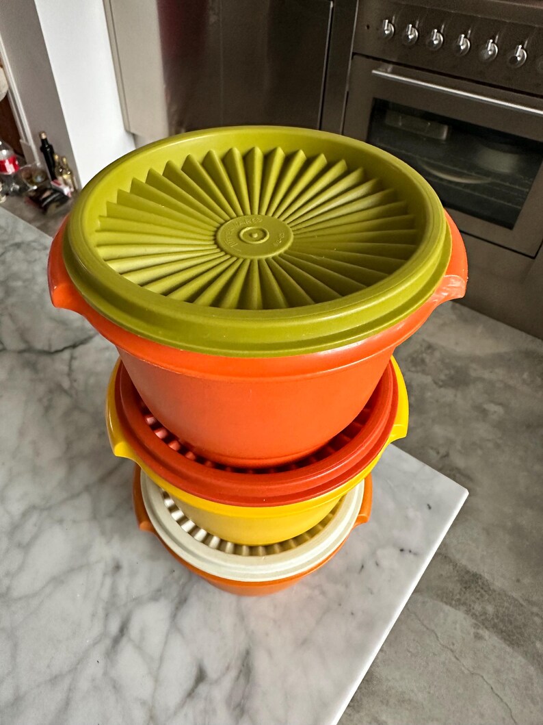 Sladoos Tupperware Tupperware-doos Set Van 3 Vintage Sunburst Astro Starburst Servalier ...