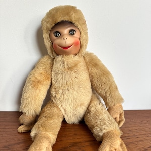Vintage Schuco Toy Mohair Monkey 1960's Jointed Plastic Face 28 Cm