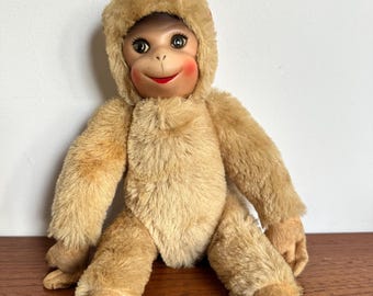 Vintage Schuco Toy Mohair Monkey 1960's Jointed Plastic Face 28 Cm