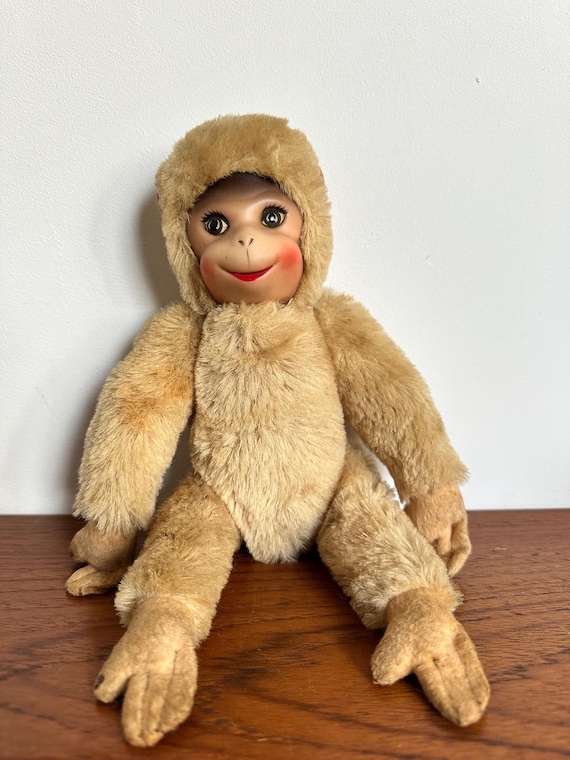 Vintage Schuco Toy Mohair Monkey 1960's Jointed Plastic Face 28 Cm