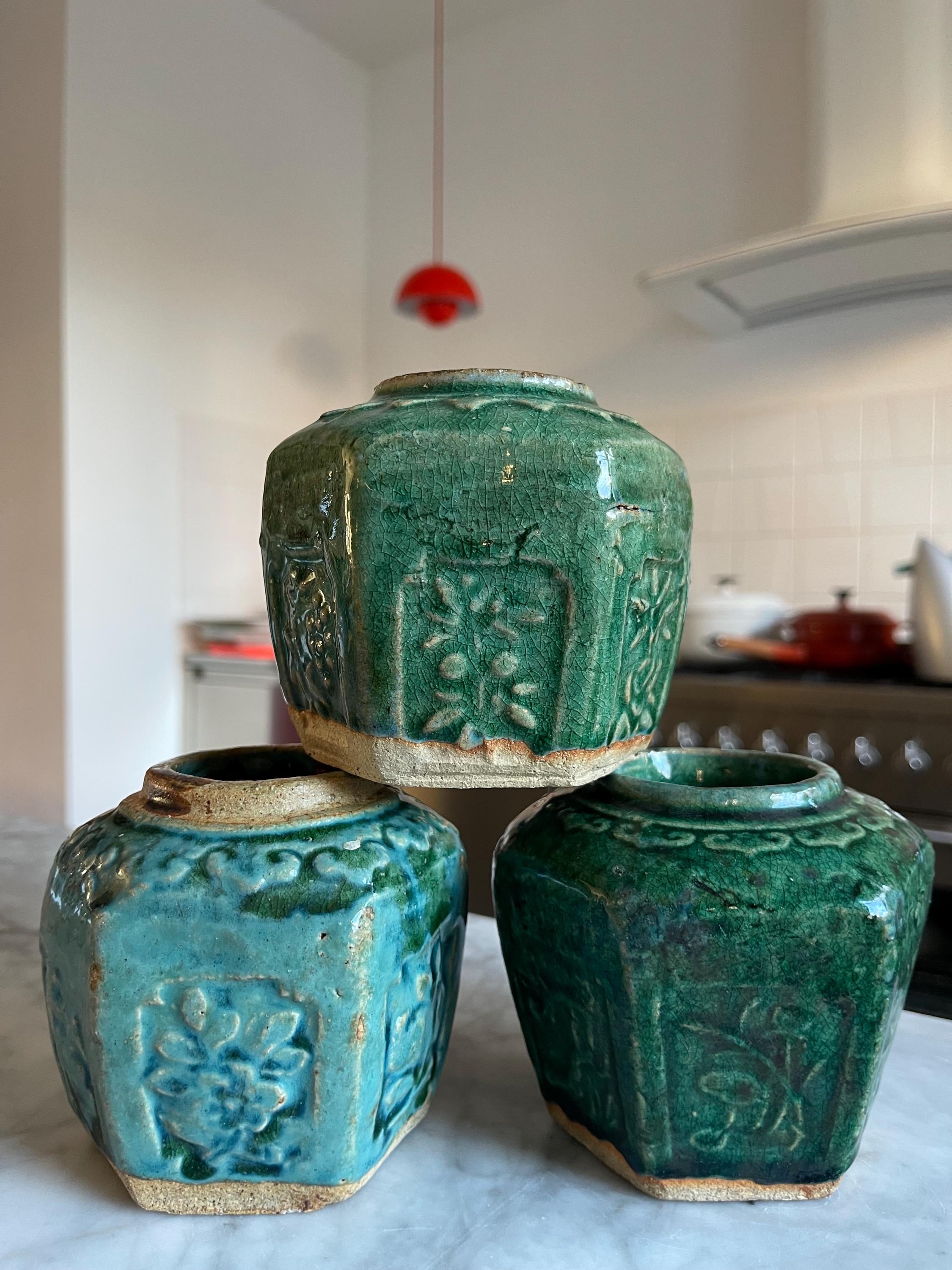 Set of 3 Shiwan Antique Vintage Chinese Hexagonal Green Blue