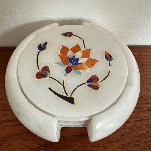 Marmeren onderzetter set van 6 handwerkjes met ingelegd bloemdessin