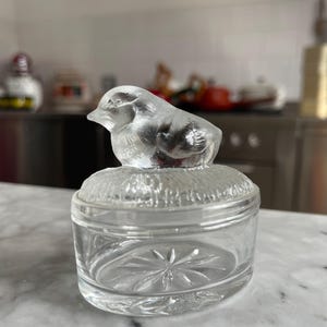 Op de afbeelding: Een heldere glazen pot met een vogelvormig deksel. Het deksel heeft een gedetailleerde vogel figuur bovenop een getextureerde basis. De pot heeft een sterpatroon op de bodem, geschikt voor het bewaren van kleine items.
