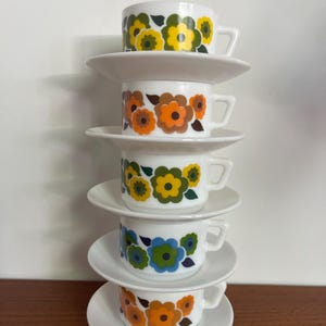 Vintage Arcopal Lotus Coffee Tea Cups Saucers 70s Milkglass Flowers France