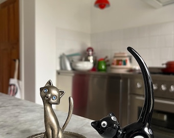Zinc Alloy Silver Cat Ring Holder Cute Kitty Vintage Jewelry Trinket Set