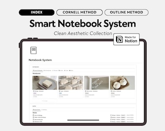 May include: A screenshot of a Notion page showing a notebook system with a clean aesthetic. The page is divided into sections for notebooks, notes, and a section for the Cornell and Outline methods. The page includes images of notebooks with different themes, such as baking and journaling.