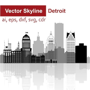 Könnte beinhalten: Schwarz-weiße Silhouette der Skyline von Detroit mit dem Text "Vector Skyline" und "Detroit" in Rot und Weiß. Der Text "ai, eps, dxf, svg, cdr" ist ebenfalls in Schwarz und Weiß enthalten.