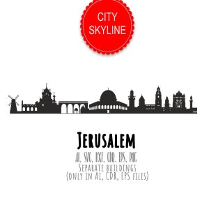 May include: Black and white silhouette of the Jerusalem skyline, including the Dome of the Rock, the Western Wall, and other notable landmarks. The text "CITY SKYLINE" and "JERUSALEM" are also included in the image. The text "AL, SVC, DXF, CDR, EPS, PNG SEPARATE BUILDINGS (ONLY IN AI, CDR, EPS FILES)" is also included in the image.