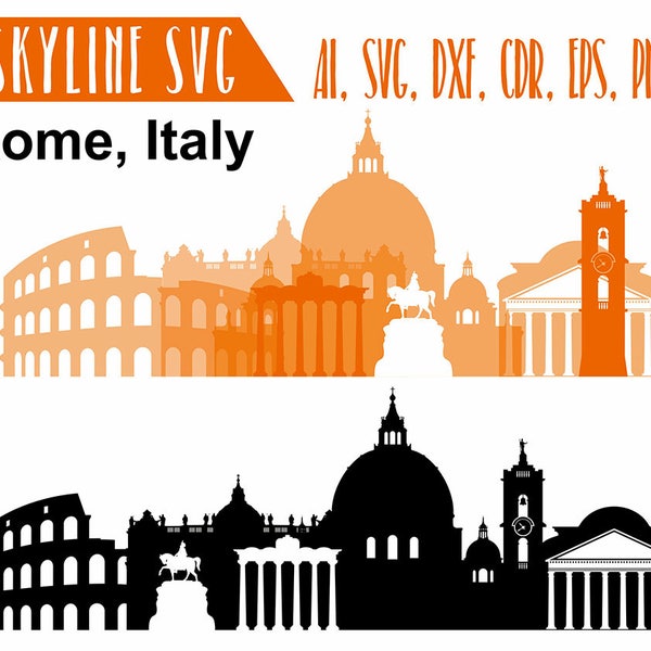 Rome SVG, Italy Capital Vector Skyline, Rome Landmarks silhouette, Svg, Dxf, Eps, Ai, Cdr, Skyline Clipart, Rome clip art