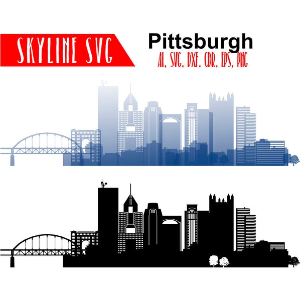 Pittsburgh vector skyline, Pittsburgh SVG, Pennsylvania city silhouette, Svg, Dxf, Eps, Ai, Cdr, Studio3, Pittsburgh Skyline Clipart