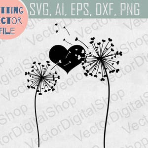 Svg del dente di Leone, dente di leone con i cuori disegno vettoriale, Svg per Cricut, taraxacum vinile adesivo, tagliare file, File di taglio, Svg, Ai, Png, Dxf