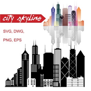 May include: Black and white silhouette of a city skyline with tall buildings. The skyline is reflected in the water below. The text "city skyline" is written in red at the top of the image. The text "SVG, DWG, PNG, EPS" is written below the skyline.