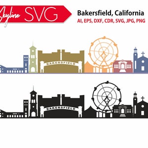 ベーカーズフィールドのスカイラインベクター、カリフォルニアの都市シルエット（svg、dxf、eps、ai、cdr）