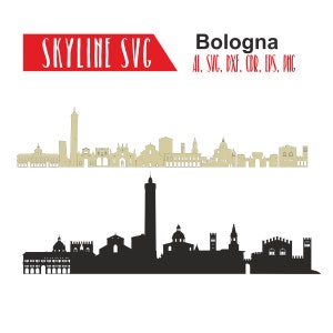 Può includere: Silhouette in bianco e nero e disegno a linea dello skyline di Bologna, con la Torre degli Asinelli e altri edifici notevoli. Il testo "Bologna" e "AI, SVG, DXF, CDR, EPS, PNG" è incluso anche nell'immagine.