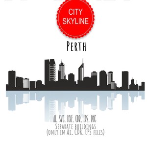 以下が含まれることがあります： 「City Skyline Perth」と書かれた赤い円の中に、パースの街並みの白黒シルエットがあります。画像の下には、「AL, SVG, DXF, CDR, EPS, PNG Separate Buildings (ONLY IN AI, CDR, EPS FILES)」というテキストがあります。