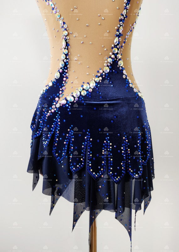 Dark Blue Velour Figure Skating Dress: Rhinestone Show Dance Costume