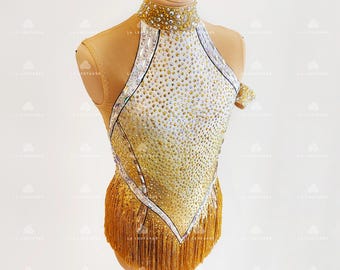 Golden Competition Rhythmic Gymnastics Leotard, Roller skating dress, Show dance dress